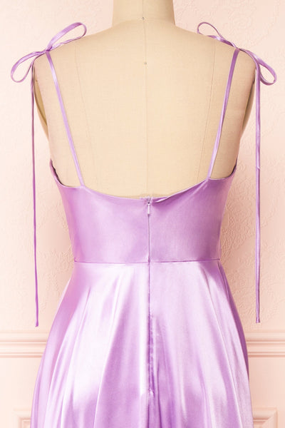 Moira Lavender Cowl Neck Satin Maxi Dress w/ High Slit back close-up
