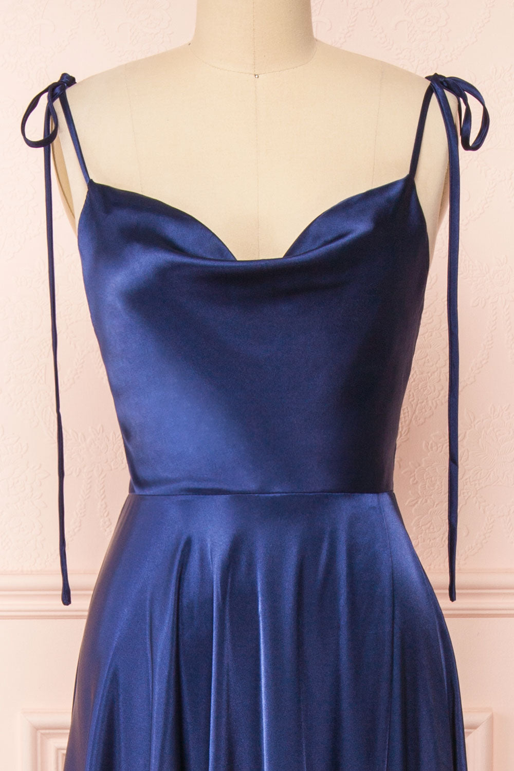 Moira Navy Cowl Neck Satin Maxi Dress w/ High Slit | Boutique 1861 front close-up