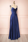 Moira Navy Cowl Neck Satin Maxi Dress w/ High Slit | Boutique 1861 side view