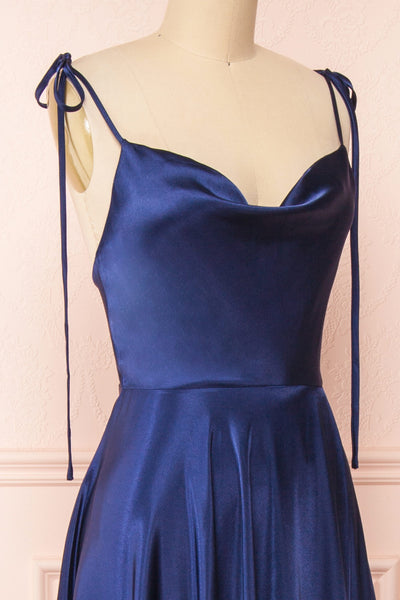 Moira Navy Cowl Neck Satin Maxi Dress w/ High Slit | Boutique 1861 side close-up