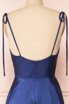 Moira Navy Cowl Neck Satin Maxi Dress w/ High Slit | Boutique 1861 back close-up