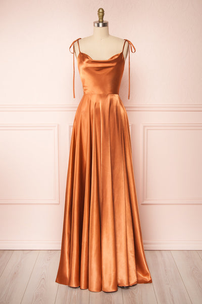 Moira Rust Cowl Neck Satin Maxi Dress w/ High Slit | Boutique 1861 front view