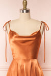 Moira Rust Cowl Neck Satin Maxi Dress w/ High Slit | Boutique 1861 front close up