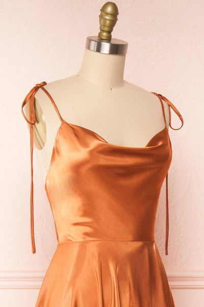 Moira Rust Cowl Neck Satin Maxi Dress w/ High Slit | Boutique 1861 side close up