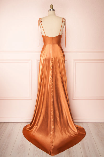 Moira Rust Cowl Neck Satin Maxi Dress w/ High Slit | Boutique 1861 back view