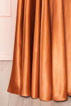 Moira Rust Cowl Neck Satin Maxi Dress w/ High Slit | Boutique 1861 details