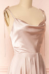 Moira Sand Cowl Neck Satin Maxi Dress w/ High Slit | Boutique 1861 side close-up