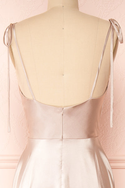 Moira Sand Cowl Neck Satin Maxi Dress w/ High Slit | Boutique 1861 back close-up