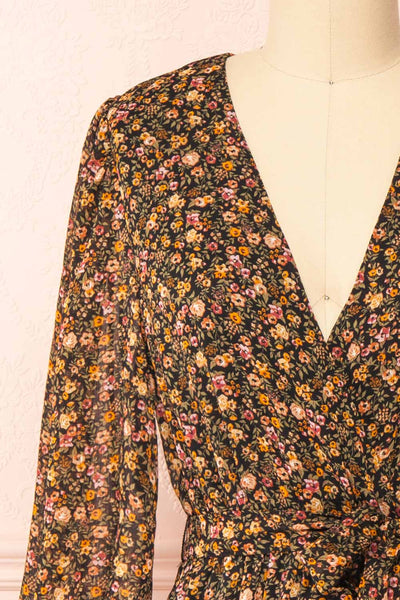 Monique Short Floral Dress w/ Puffy Sleeves | Boutique 1861 front close-up