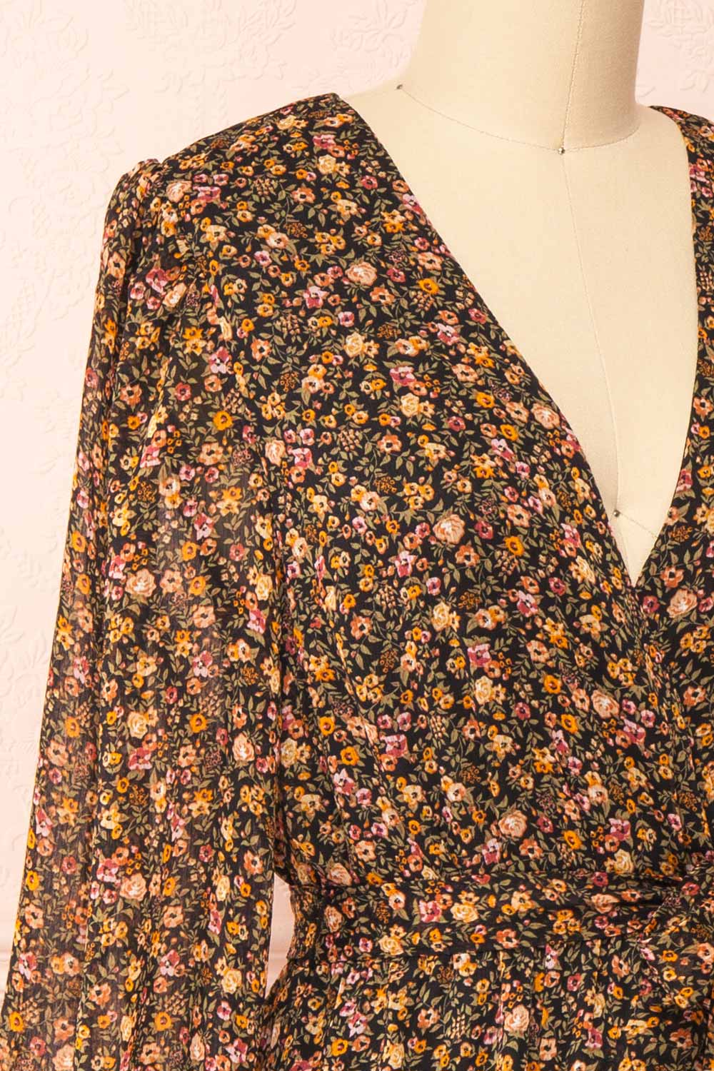 Monique Short Floral Dress w/ Puffy Sleeves | Boutique 1861 side close-up