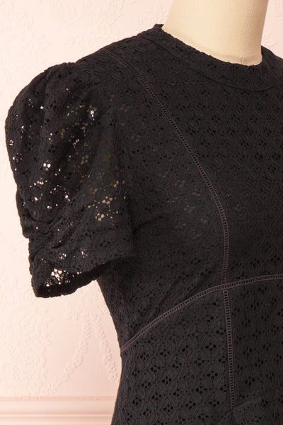 Morena Black Embroidered Short Sleeve Dress | Boutique 1861 side close-up