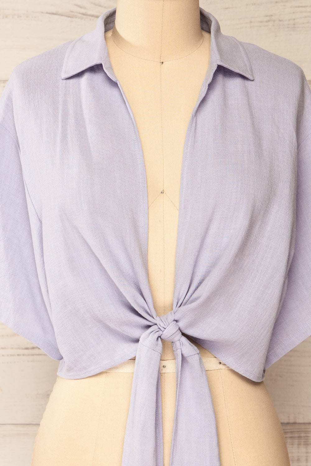 Moresby Lavender Tie-Front Crop Top | La petite garçonne front close-up