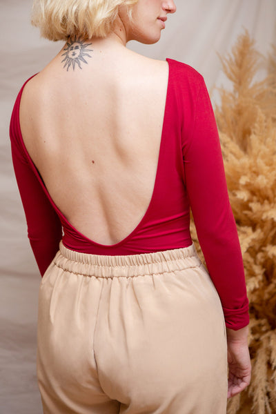 Mosta Red Long Sleeve Low Back Bodysuit | La petite garçonne model