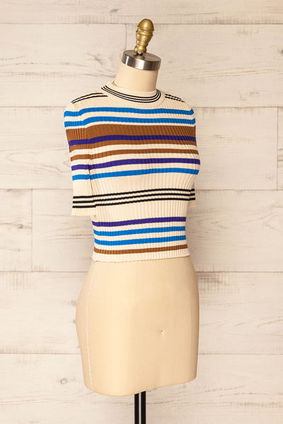 Motril Blue Ribbed Half Sleeve Top w/ Stripes | La petite garçonne side view