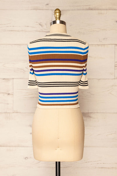 Motril Blue Ribbed Half Sleeve Top w/ Stripes | La petite garçonne back view