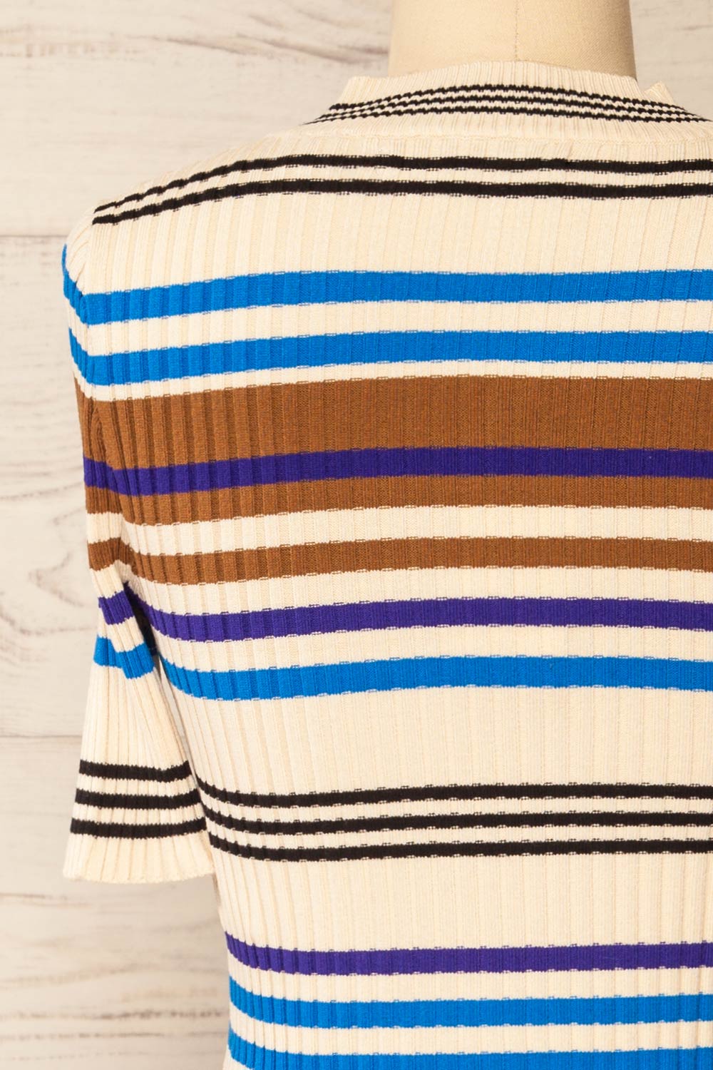 Motril Blue Ribbed Half Sleeve Top w/ Stripes | La petite garçonne back close-up