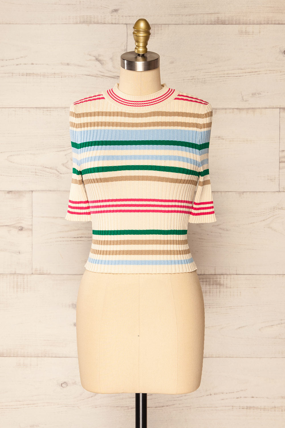 Motril Pink Ribbed Half Sleeve Top w/ Stripes | La petite garçonne front view