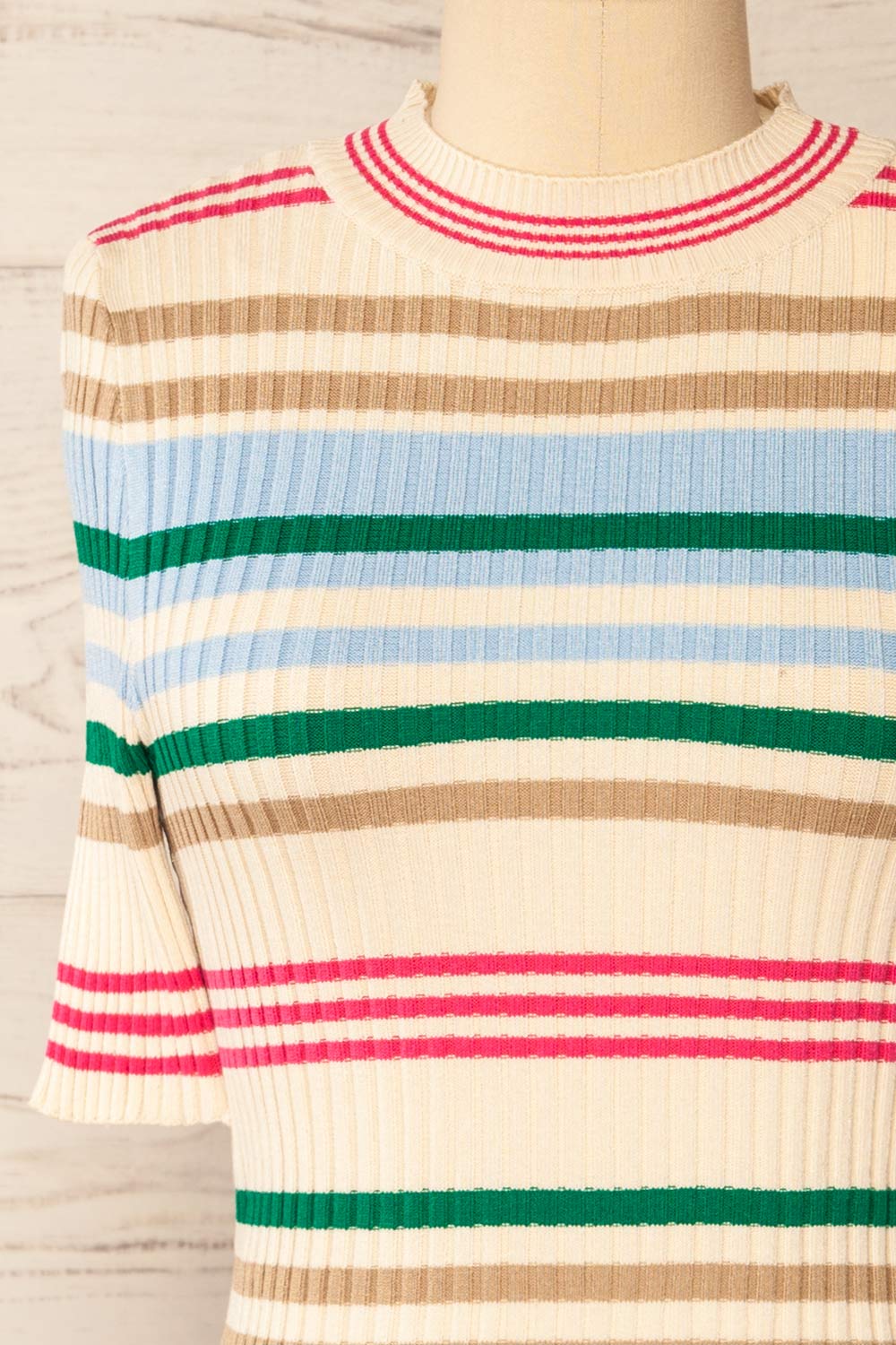 Motril Pink Ribbed Half Sleeve Top w/ Stripes | La petite garçonne front close-up