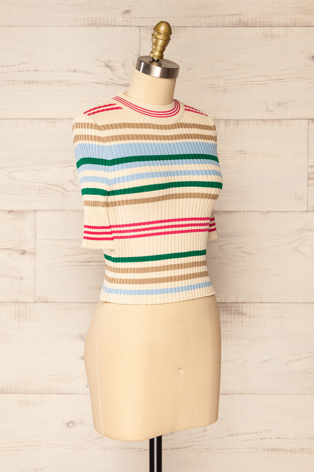 Motril Pink Ribbed Half Sleeve Top w/ Stripes | La petite garçonne side view