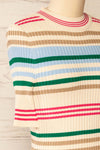 Motril Pink Ribbed Half Sleeve Top w/ Stripes | La petite garçonne side close-up