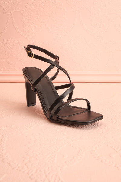 Mouvemente Black Crossed Strap High Heel Sandals | Boutique 1861 front view