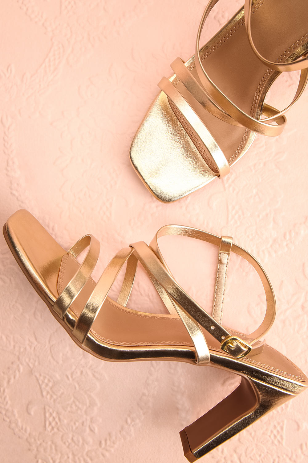 Mouvemente Gold Crossed Strap High Heel Sandals | Boutique 1861 flat view