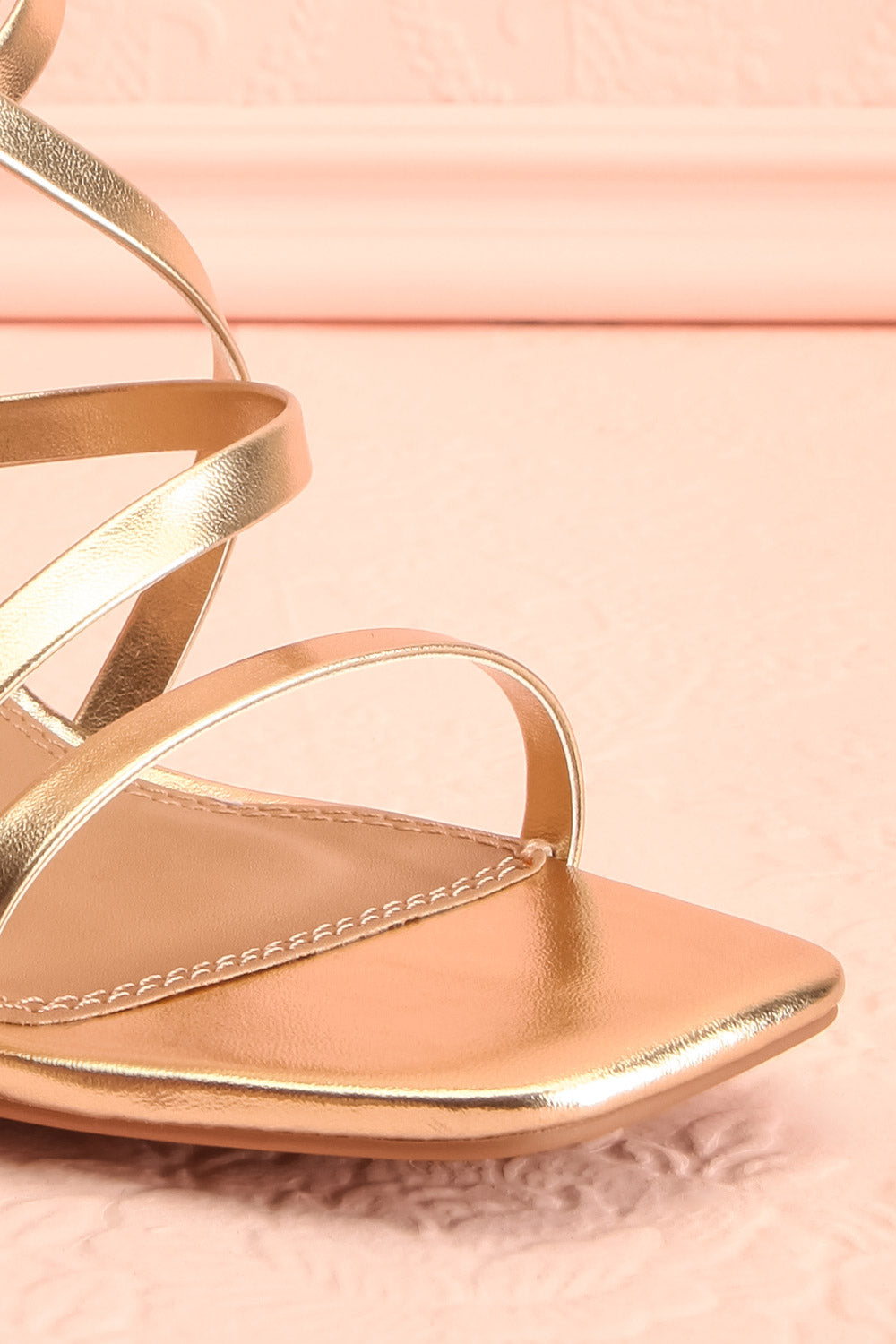Mouvemente Gold Crossed Strap High Heel Sandals | Boutique 1861 front close-up