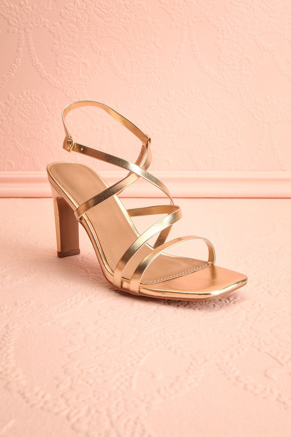 Mouvemente Gold Crossed Strap High Heel Sandals | Boutique 1861 front view