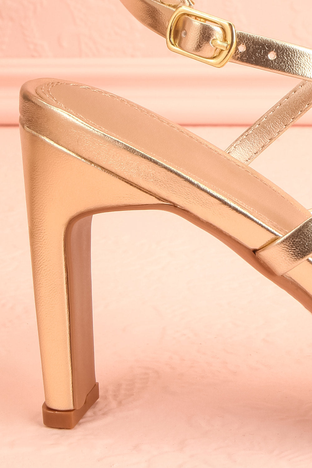 Mouvemente Gold Crossed Strap High Heel Sandals | Boutique 1861 side close-up