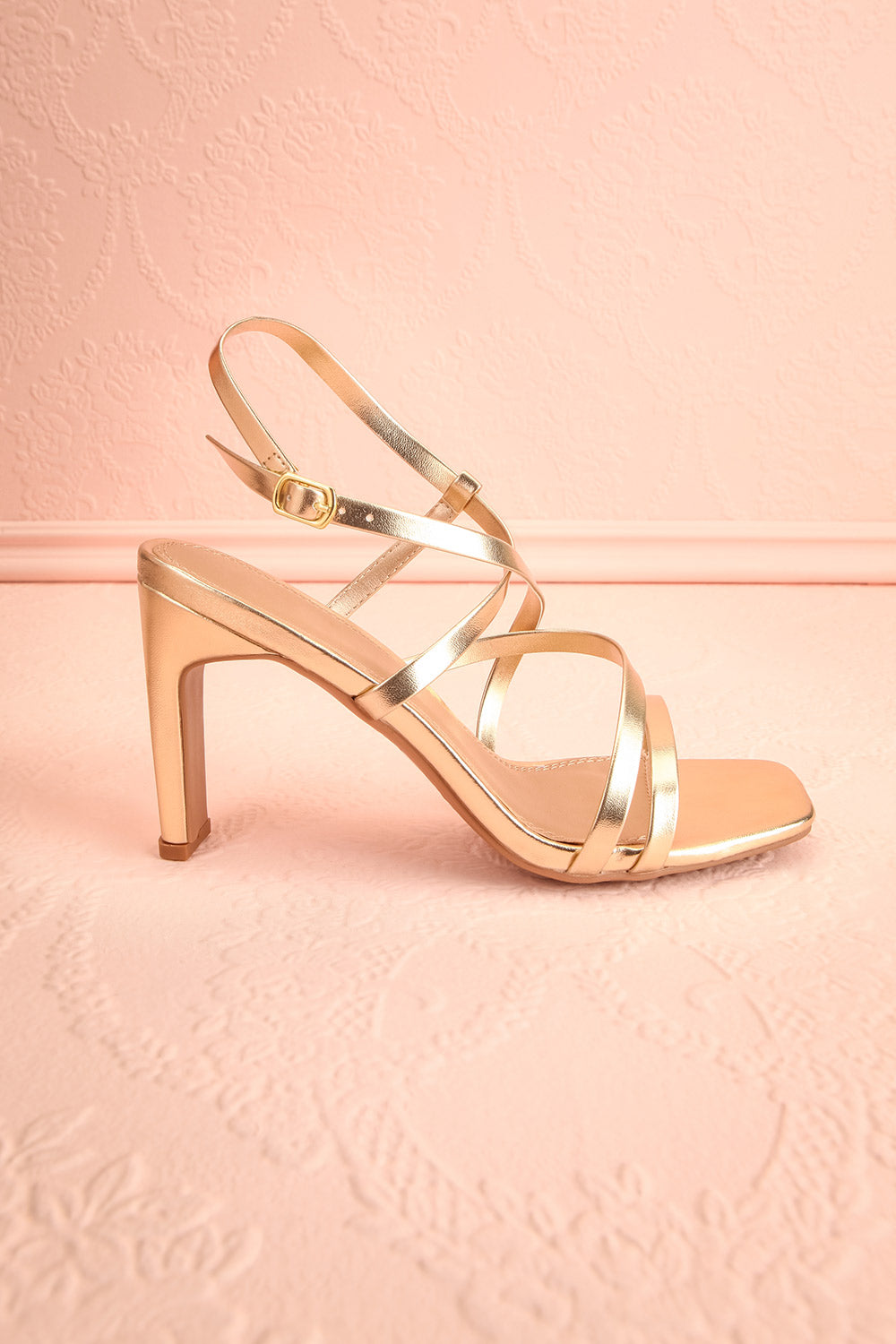 Mouvemente Gold Crossed Strap High Heel Sandals | Boutique 1861 side view