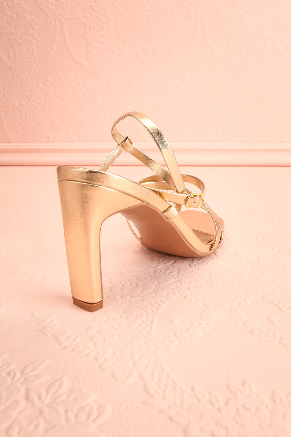 Mouvemente Gold Crossed Strap High Heel Sandals | Boutique 1861 back view