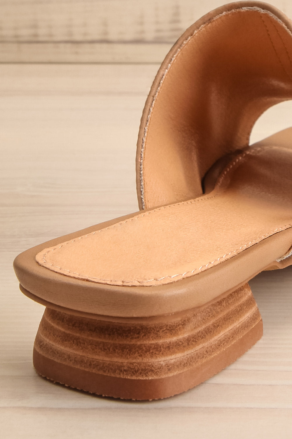 Murmansk Brown Block Heel Slip-On Sandals | La petite garçonne back close-up