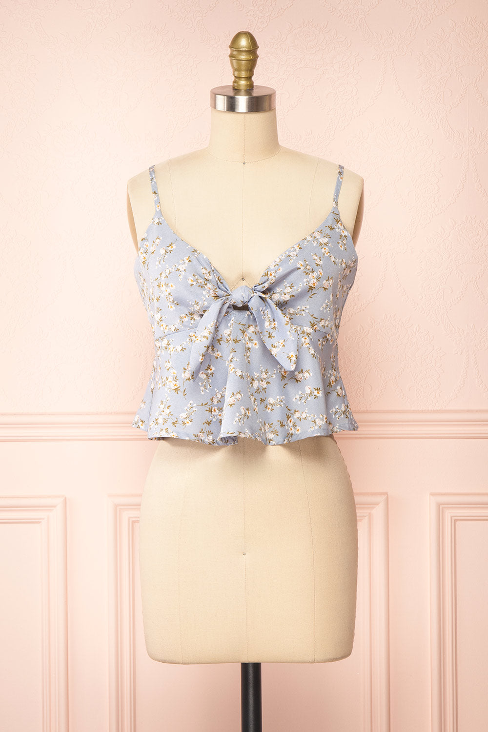 Mutsu Blue Floral Knotted Cropped Cami