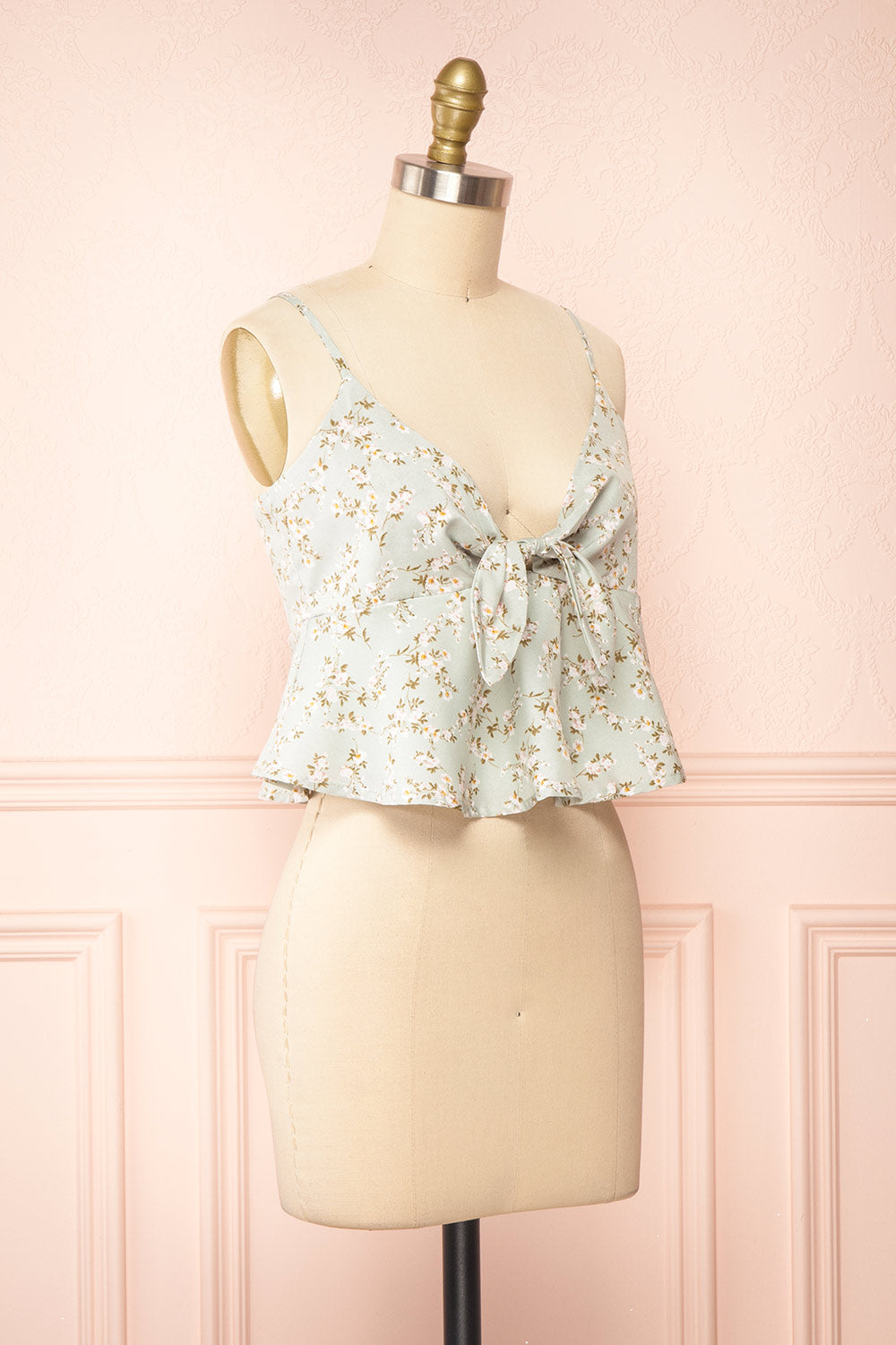 Mutsu Mint Floral Knotted Cropped Cami | Boutique 1861  side view