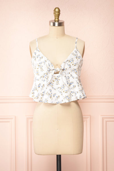 Mutsu White Floral Knotted Cropped Cami | Boutique 1861 front view