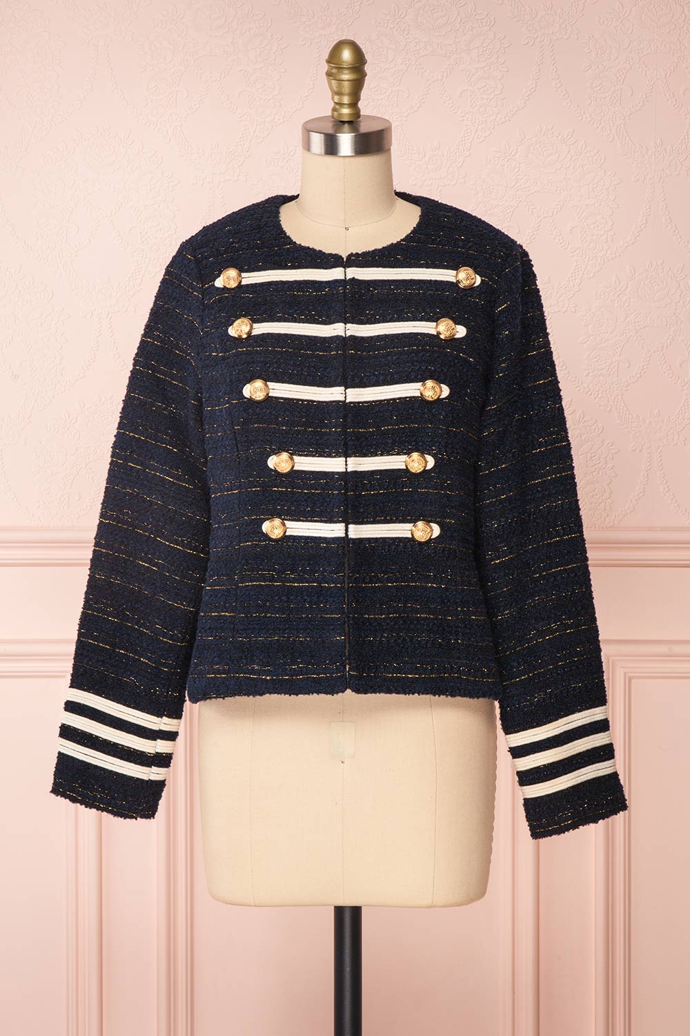 Mwuma Navy Blue  Gold Tweed Military Jacket | Boutique 1861