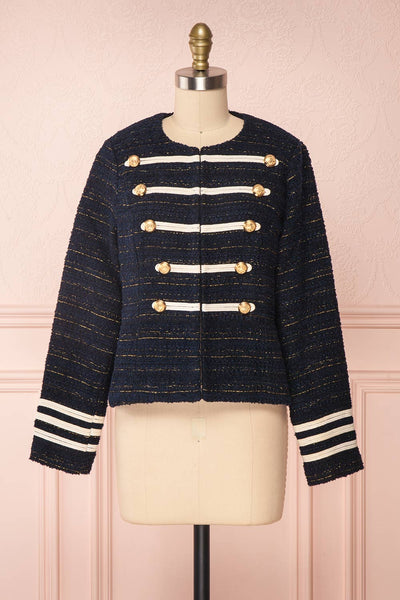 Mwuma Navy Blue & Gold Tweed Double Breasted Jacket front view | Boutique 1861
