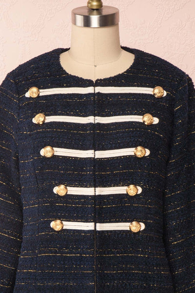 Mwuma Navy Blue & Gold Tweed Double Breasted Jacket front close up | Boutique 1861