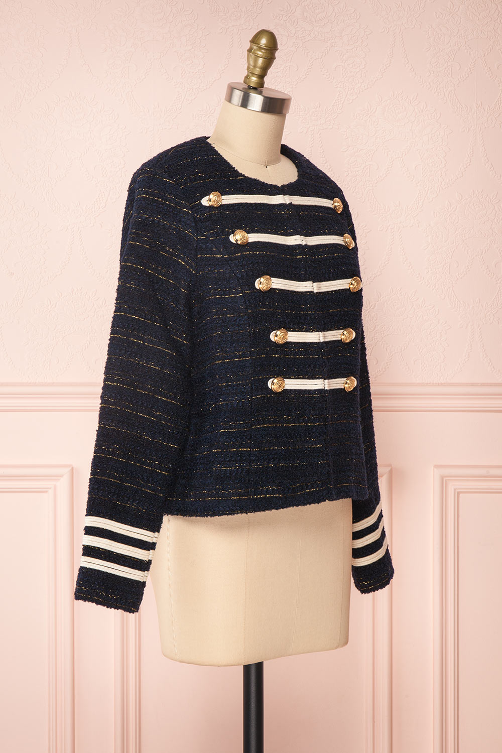 Mwuma Navy Blue & Gold Tweed Double Breasted Jacket side view | Boutique 1861
