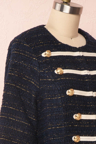 Mwuma Navy Blue & Gold Tweed Double Breasted Jacket side close up | Boutique 1861