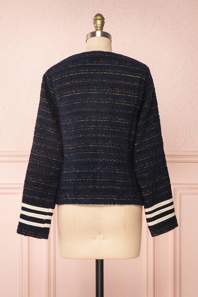 Mwuma Navy Blue & Gold Tweed Double Breasted Jacket back view | Boutique 1861