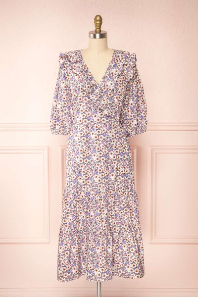Myane Floral Puffy Sleeve Midi Dress | La petite garçonne front view