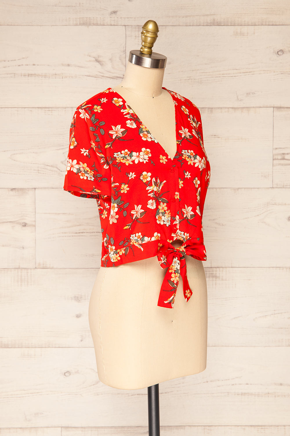 Mykonos Red Floral Knotted Crop Top | La petite garçonne  side view 