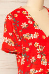 Mykonos Red Floral Knotted Crop Top | La petite garçonne  side close-up