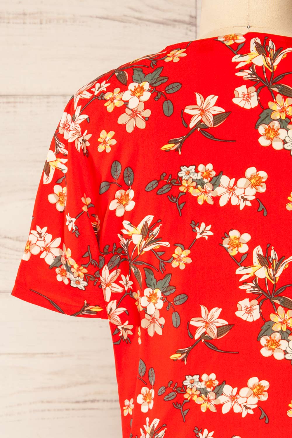 Mykonos Red Floral Knotted Crop Top | La petite garçonne  back close-up