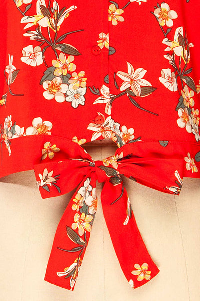 Mykonos Red Floral Knotted Crop Top | La petite garçonne  detail