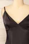Myla Black Satin Short Dress | La petite garçonne front close-up