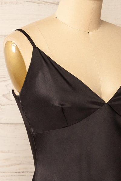 Myla Black Satin Short Dress | La petite garçonne side close-up