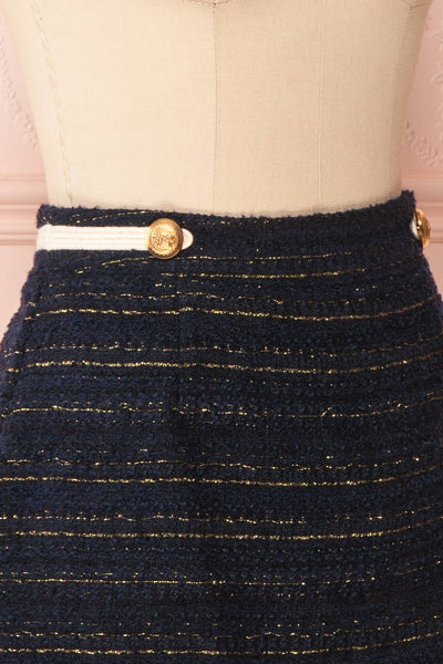 Myrtoessa Navy Blue & Gold Tweed Mini Skirt | Boutique 1861 side close-up