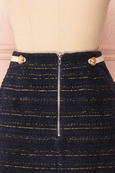 Myrtoessa Navy Blue & Gold Tweed Mini Skirt | Boutique 1861 back close-up